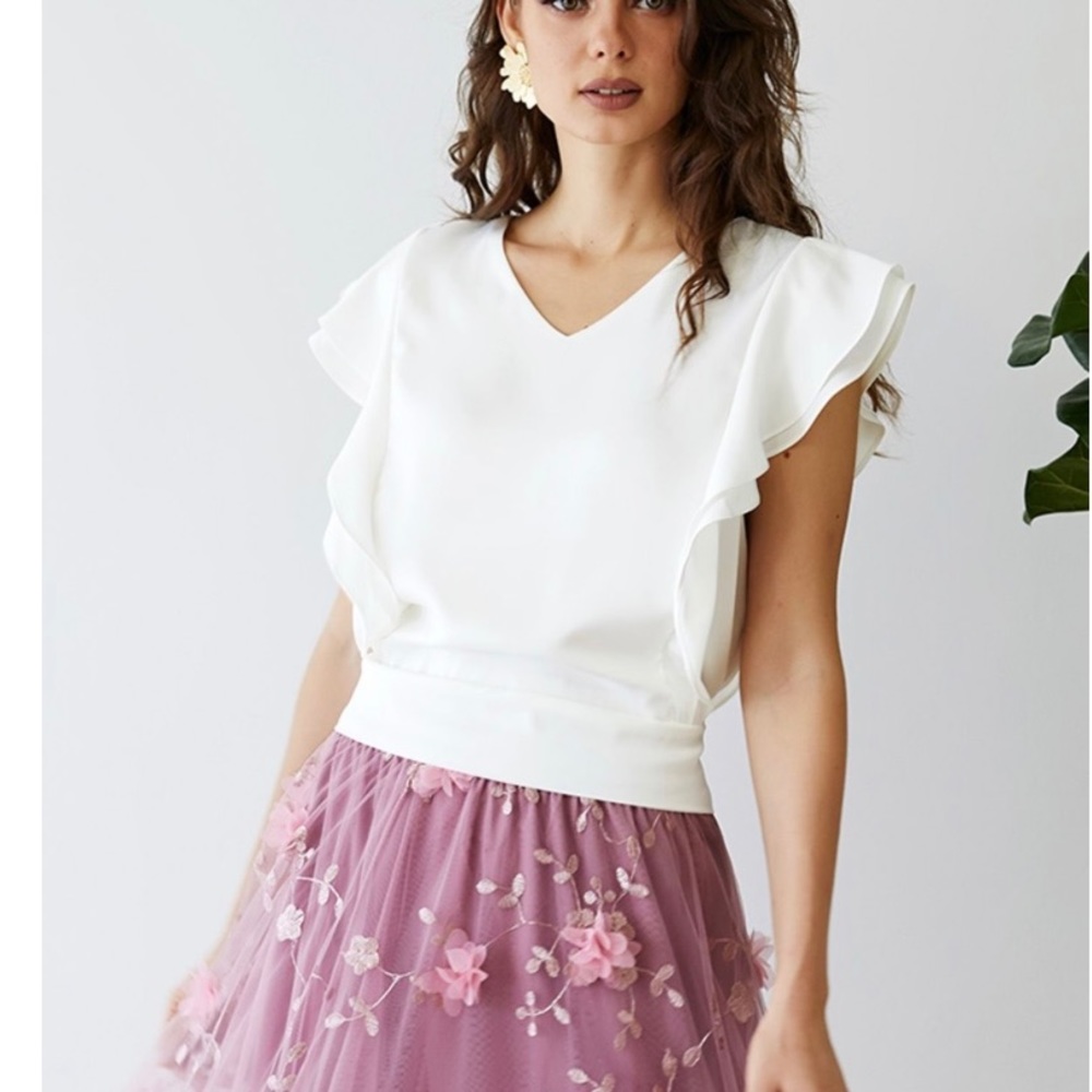 Chicwish Bowknot Waist Sleeveless Ruffle Crop Top Peach Pink NWT Small - Picture 3 of 5